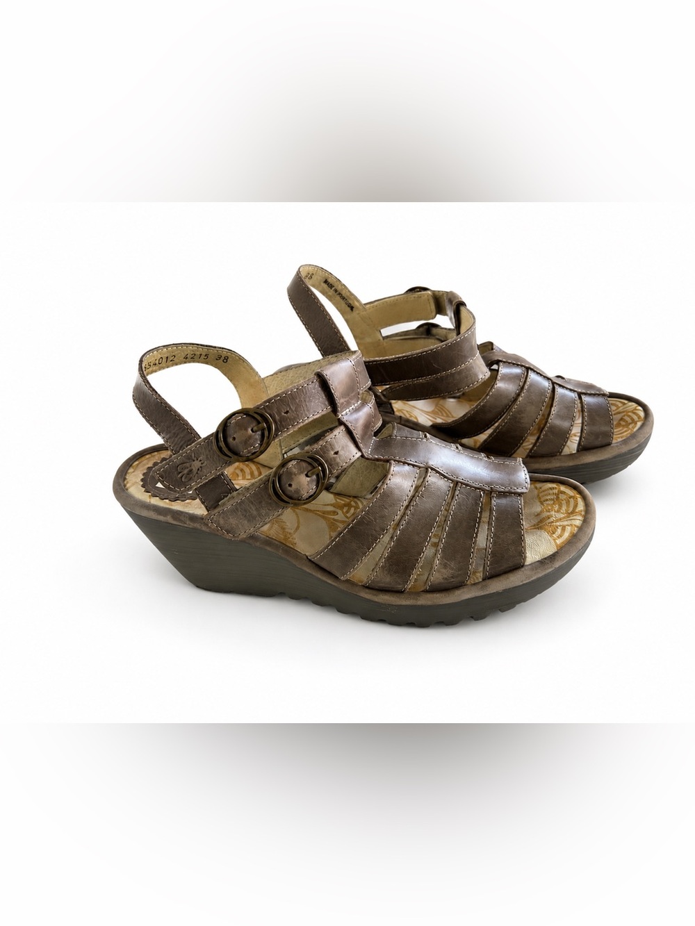 Fly London Brown Leather Wedge Sandals Slingback Gladiator Style Sz 38 / 8 US